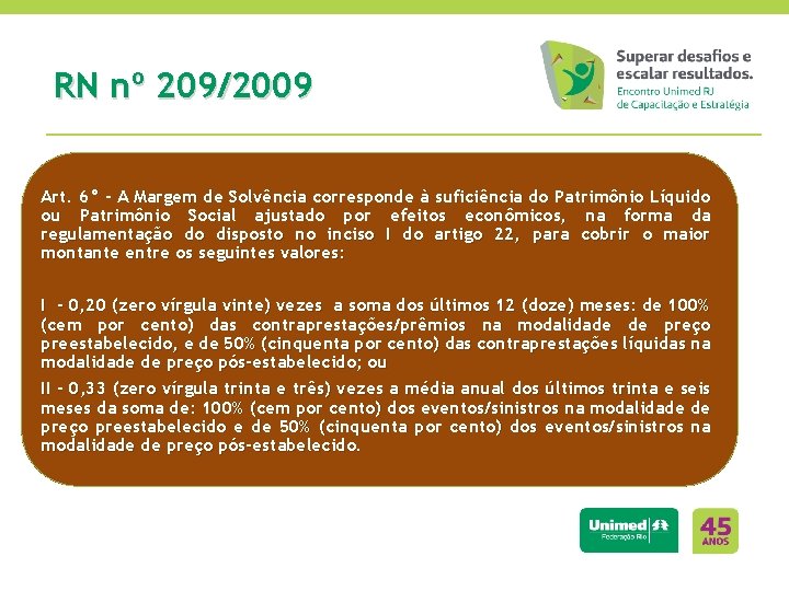 RN nº 209/2009 Art. 6° - A Margem de Solvência corresponde à suficiência do