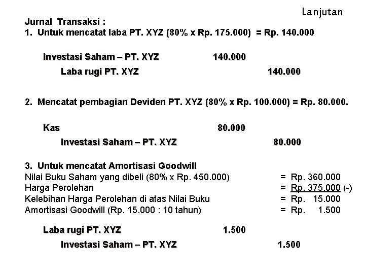 Lanjutan Jurnal Transaksi : 1. Untuk mencatat laba PT. XYZ (80% x Rp. 175.