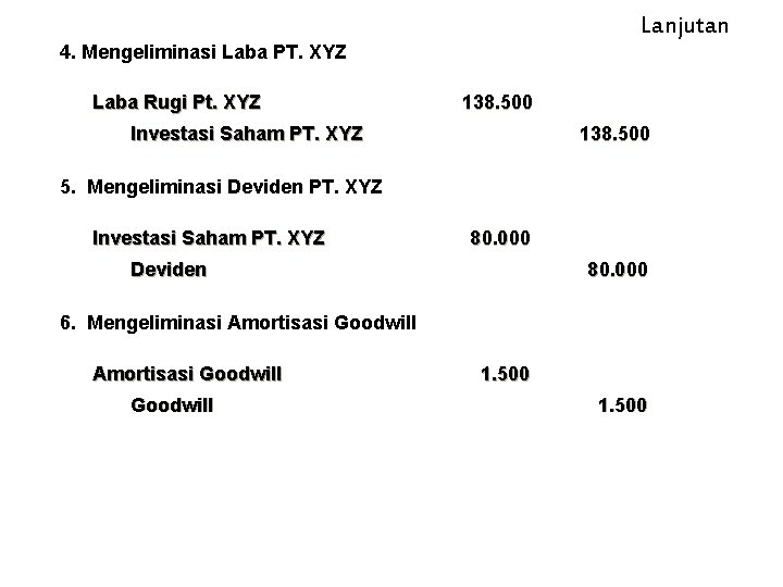 Lanjutan 4. Mengeliminasi Laba PT. XYZ Laba Rugi Pt. XYZ 138. 500 Investasi Saham
