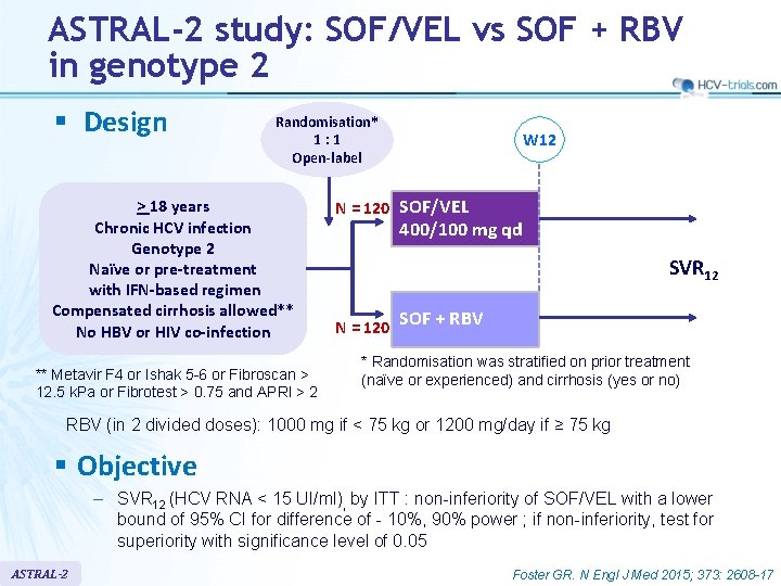 ASTRAL-2 study: SOF/VEL vs SOF + RBV in genotype 2 § Design Randomisation* 1: