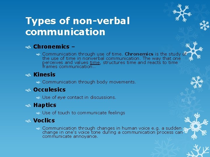 Types of non-verbal communication Chronemics – Communication through use of time. Chronemics is the Types of non-verbal communication Chronemics – Communication through use of time. Chronemics is the