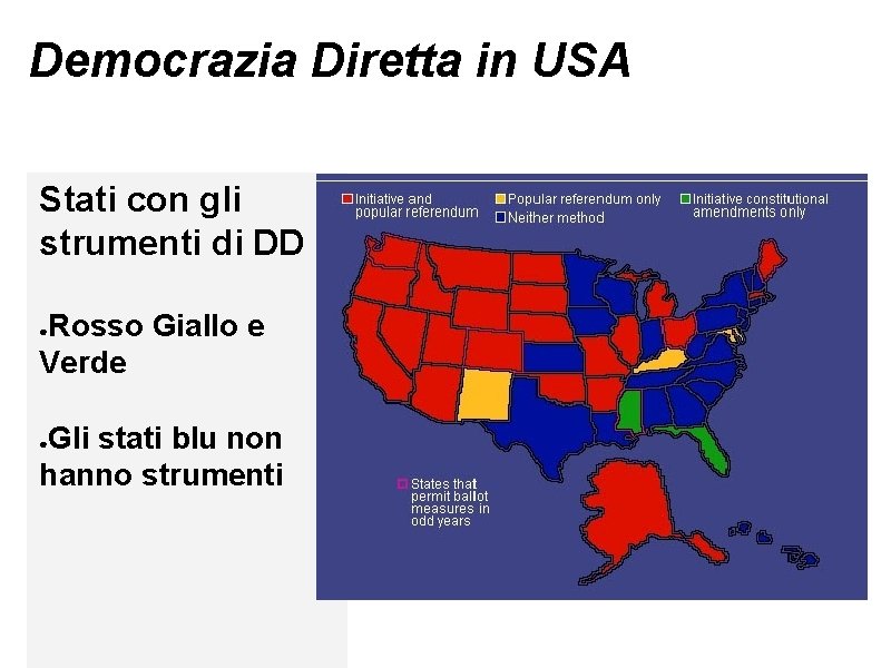 Democrazia Diretta in USA Stati con gli strumenti di DD Rosso Giallo e Verde