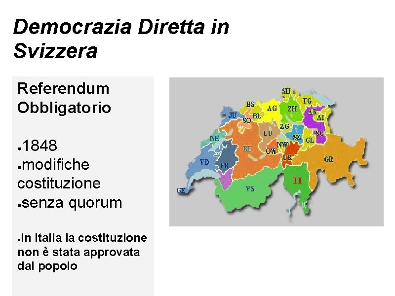 Democrazia Diretta in Svizzera Referendum Obbligatorio 1848 ●modifiche costituzione ●senza quorum ● In Italia Democrazia Diretta in Svizzera Referendum Obbligatorio 1848 ●modifiche costituzione ●senza quorum ● In Italia