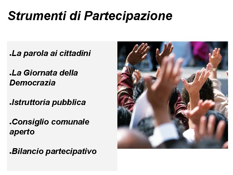 Strumenti di Partecipazione La parola ai cittadini ● La Giornata della Democrazia ● Istruttoria