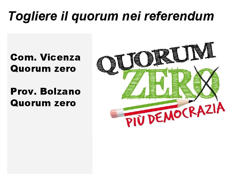 Togliere il quorum nei referendum Com. Vicenza Quorum zero Prov. Bolzano Quorum zero 