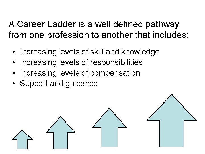 A Career Ladder is a well defined pathway from one profession to another that