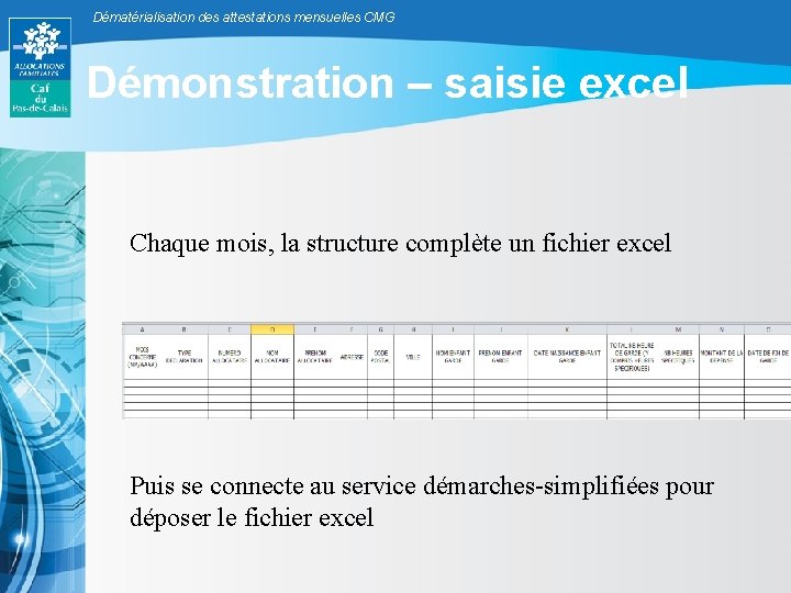 Dématérialisation des attestations mensuelles CMG Démonstration – saisie excel Chaque mois, la structure complète