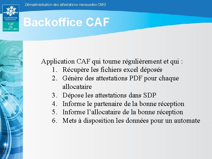 Dématérialisation des attestations mensuelles CMG Backoffice CAF Application CAF qui tourne régulièrement et qui