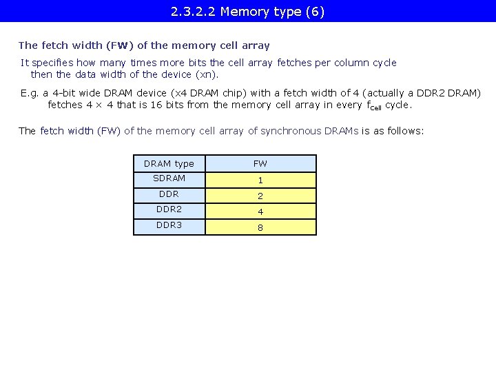 2. 3. 2. 2 Memory type (6) The fetch width (FW) of the memory
