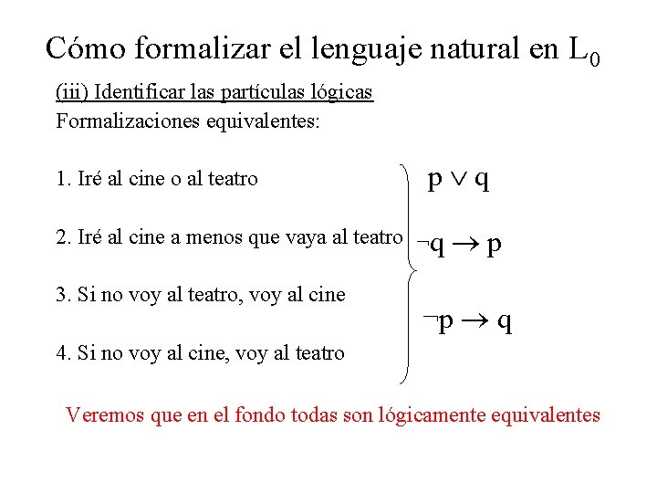 Cómo formalizar el lenguaje natural en L 0 (iii) Identificar las partículas lógicas Formalizaciones