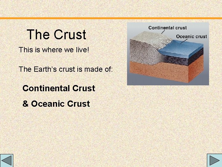 The Crust This is where we live! The Earth’s crust is made of: Continental