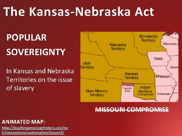 The Kansas-Nebraska Act POPULAR SOVEREIGNTY In Kansas and Nebraska Territories on the issue of