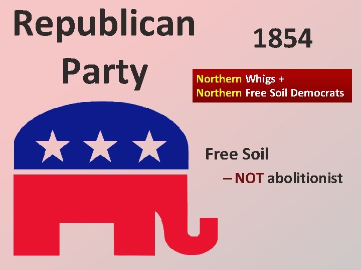 Republican Party 1854 Northern Whigs + Northern Free Soil Democrats Free Soil – NOT