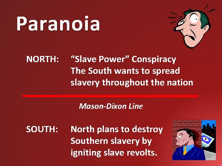 Paranoia NORTH: “Slave Power” Conspiracy The South wants to spread slavery throughout the nation