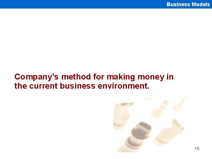 Business Models Company’s method for making money in the current business environment. 10 