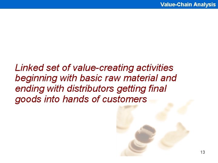 Value-Chain Analysis Linked set of value-creating activities beginning with basic raw material and ending