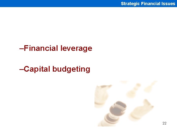 Strategic Financial Issues –Financial leverage –Capital budgeting 22 