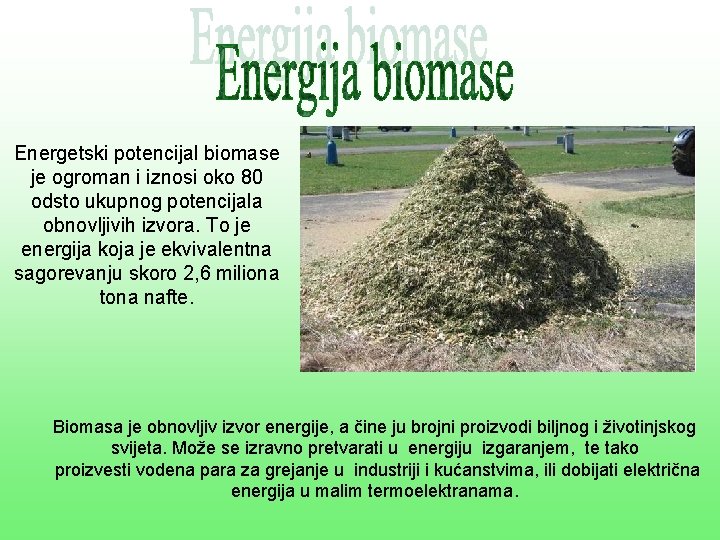 Energetski potencijal biomase je ogroman i iznosi oko 80 odsto ukupnog potencijala obnovljivih izvora.