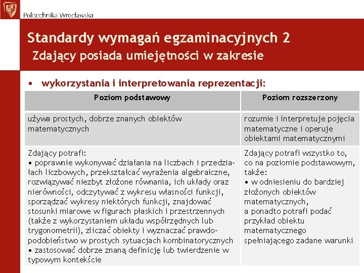 Standardy wymagań egzaminacyjnych 2 Zdający posiada umiejętności w zakresie • wykorzystania i interpretowania reprezentacji: