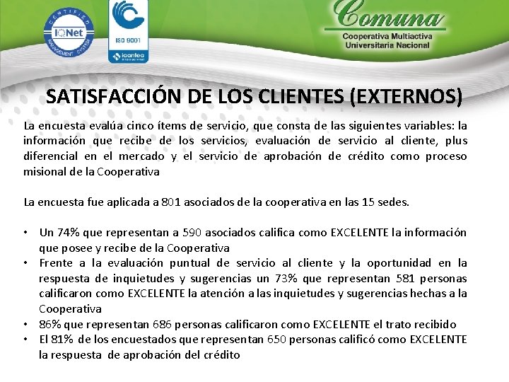 SATISFACCIÓN DE LOS CLIENTES (EXTERNOS) La encuesta evalúa cinco ítems de servicio, que consta