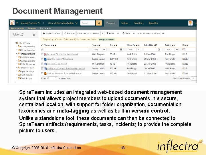 Document Management Spira. Team includes an integrated web-based document management system that allows project