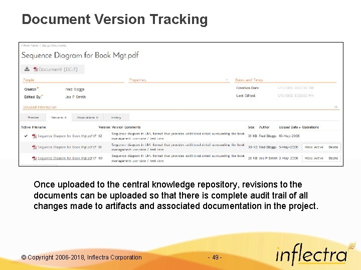 Document Version Tracking Once uploaded to the central knowledge repository, revisions to the documents