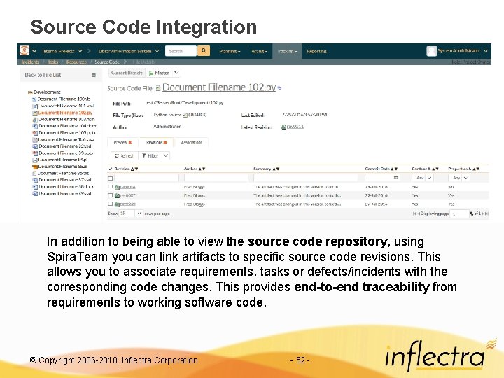 Source Code Integration In addition to being able to view the source code repository,