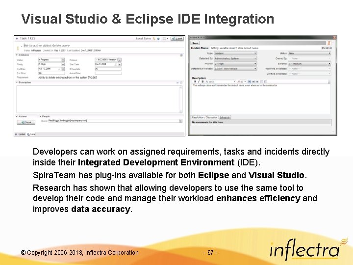 Visual Studio & Eclipse IDE Integration Developers can work on assigned requirements, tasks and