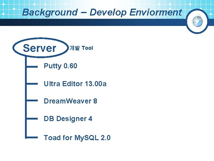 Background – Develop Enviorment Server 개발 Tool Putty 0. 60 Ultra Editor 13. 00