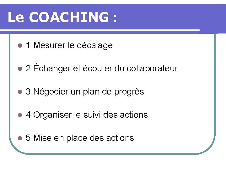 Le COACHING : l 1 Mesurer le décalage l 2 Échanger et écouter du