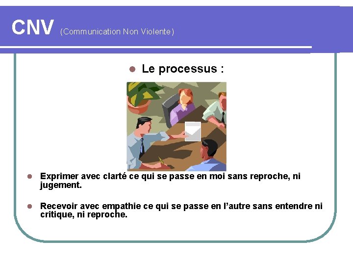 CNV (Communication Non Violente) l Le processus : l Exprimer avec clarté ce qui