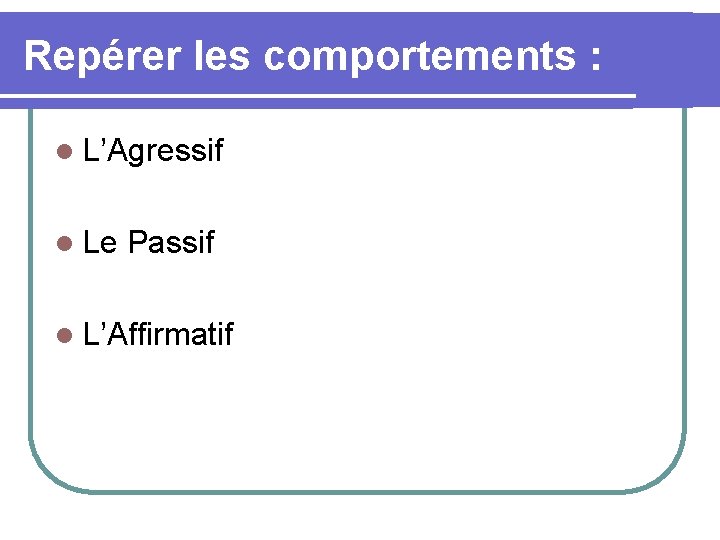 Repérer les comportements : l L’Agressif l Le Passif l L’Affirmatif 