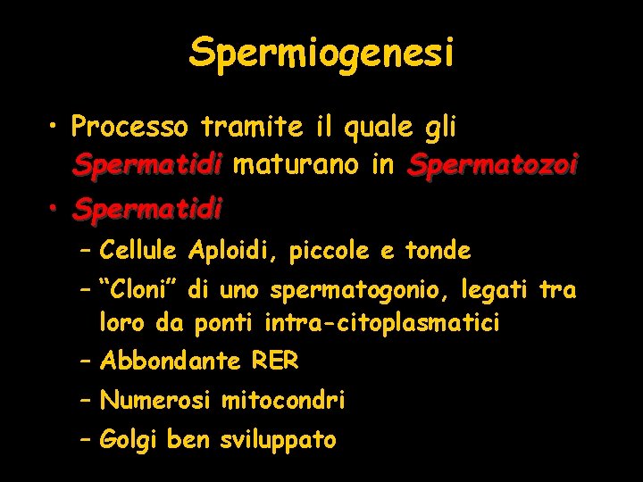 Spermiogenesi • Processo tramite il quale gli Spermatidi maturano in Spermatozoi • Spermatidi –
