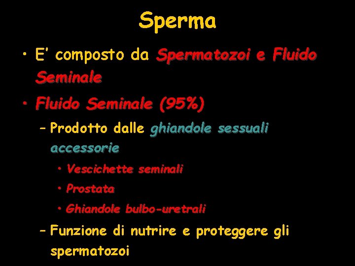 Sperma • E’ composto da Spermatozoi e Fluido Seminale • Fluido Seminale (95%) –