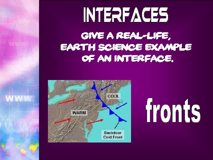 Give a real-life, earth science example of an interface. 