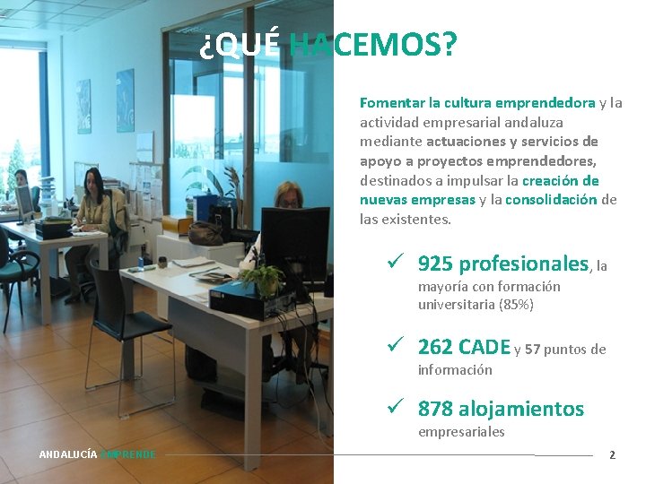 ¿QUÉ HACEMOS? Fomentar la cultura emprendedora y la actividad empresarial andaluza mediante actuaciones y