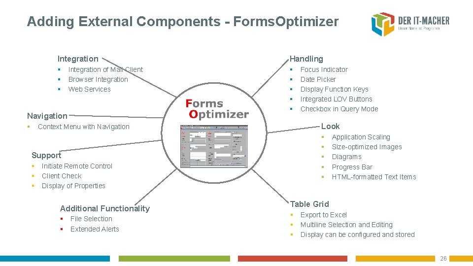 Adding External Components - Forms. Optimizer Integration Handling § § § § Integration of