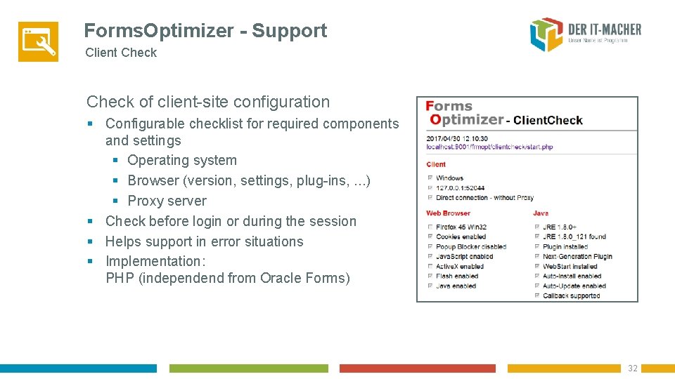 Forms. Optimizer - Support Client Check of client-site configuration § Configurable checklist for required