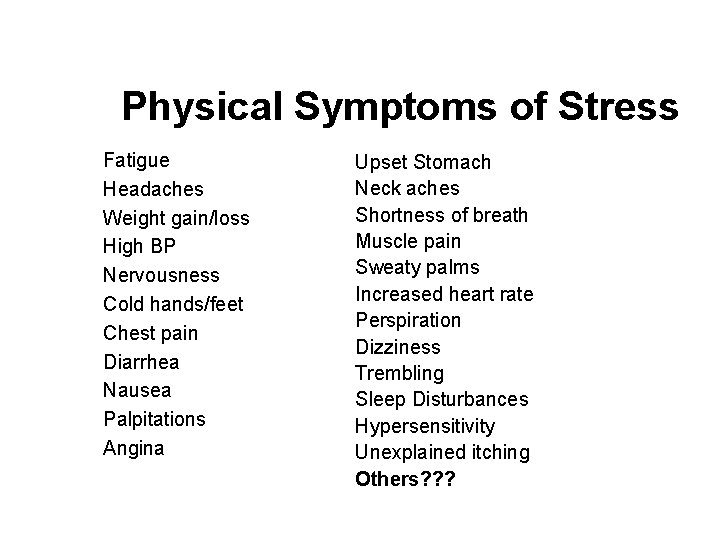Physical Symptoms of Stress Fatigue Headaches Weight gain/loss High BP Nervousness Cold hands/feet Chest