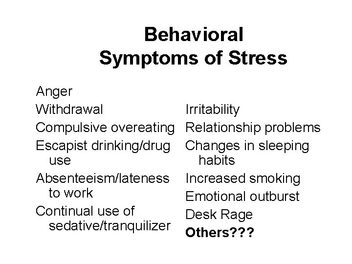Behavioral Symptoms of Stress Anger Withdrawal Compulsive overeating Escapist drinking/drug use Absenteeism/lateness to work