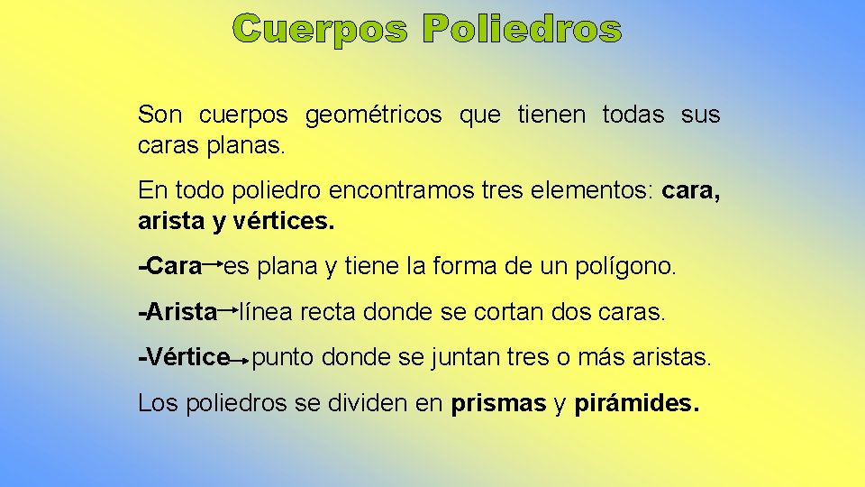 Son cuerpos geométricos que tienen todas sus caras planas. En todo poliedro encontramos tres