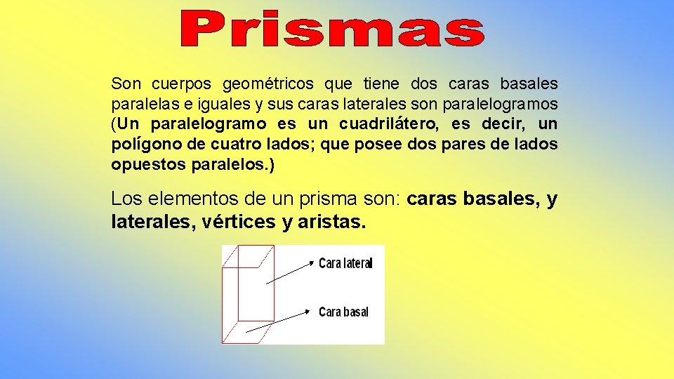 Son cuerpos geométricos que tiene dos caras basales paralelas e iguales y sus caras