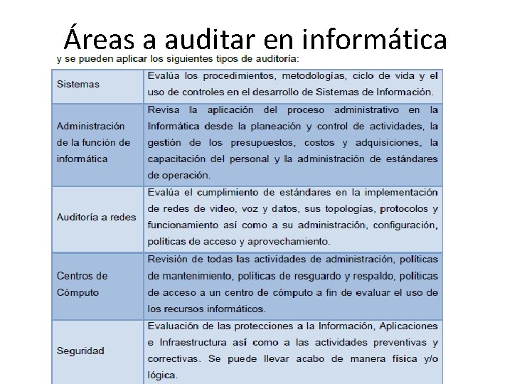 Áreas a auditar en informática 
