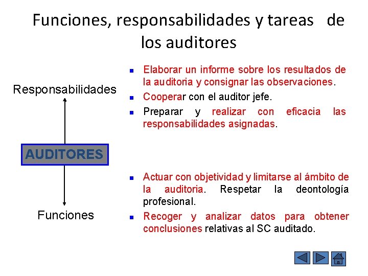 Funciones, responsabilidades y tareas de los auditores n Responsabilidades n n Elaborar un informe