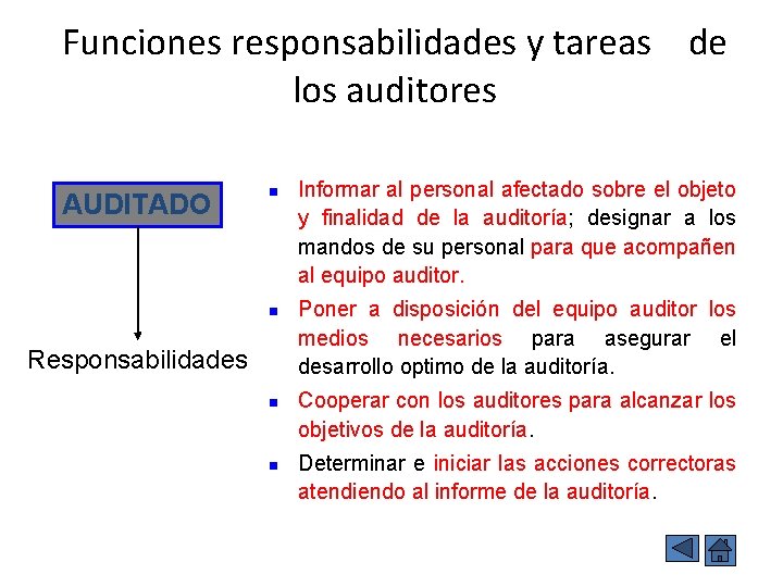 Funciones responsabilidades y tareas de los auditores AUDITADO n n Responsabilidades n n Informar