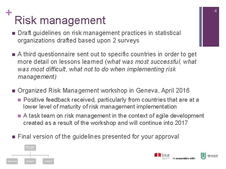 + 4 Risk management n Draft guidelines on risk management practices in statistical organizations