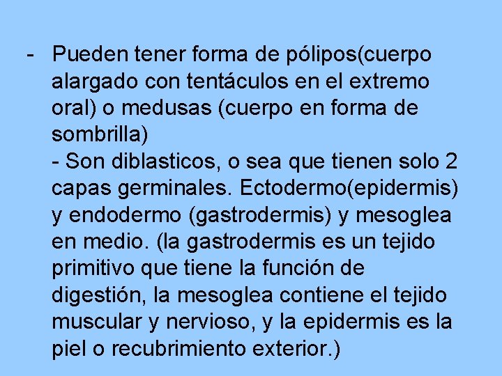 - Pueden tener forma de pólipos(cuerpo alargado con tentáculos en el extremo oral) o