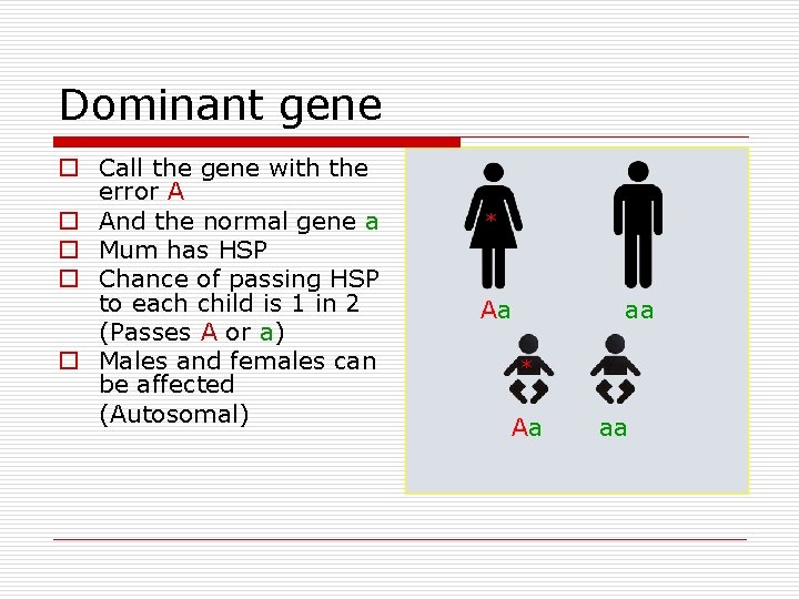 Dominant gene o Call the gene with the error A o And the normal