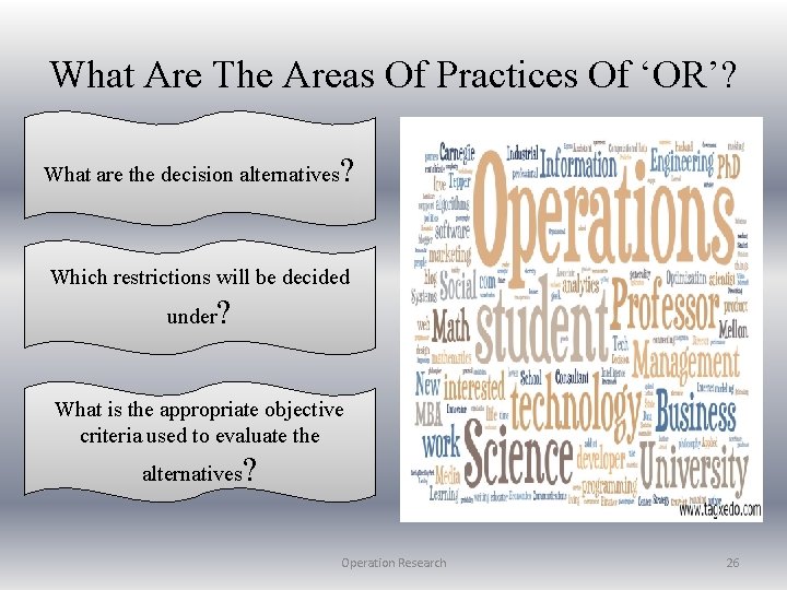 What Are The Areas Of Practices Of ‘OR’? What are the decision alternatives ?