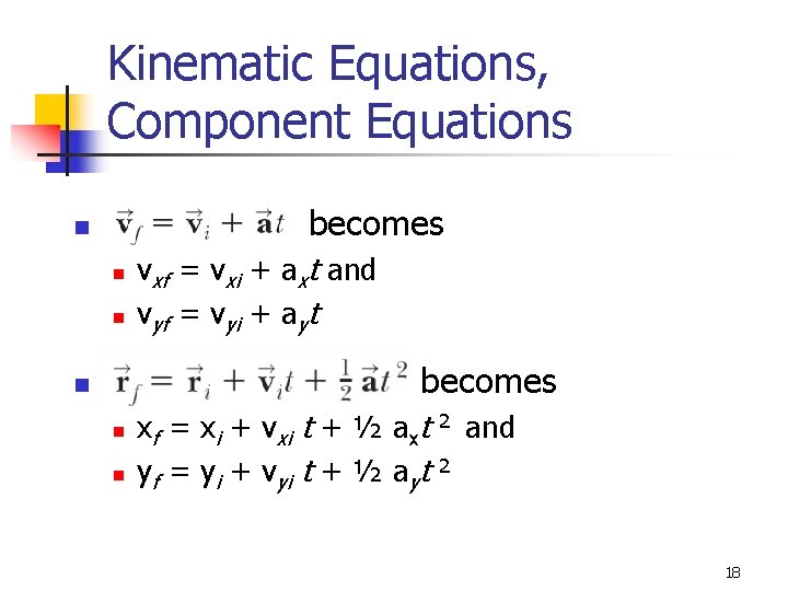 Kinematic Equations, Component Equations becomes n n n vxf = vxi + axt and Kinematic Equations, Component Equations becomes n n n vxf = vxi + axt and